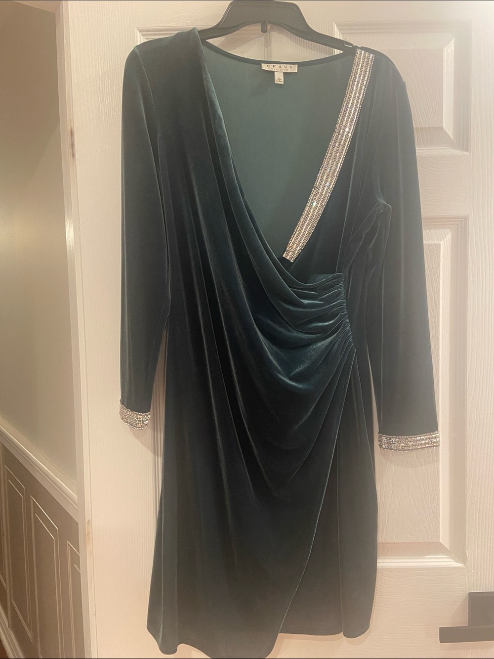 Chaus Emerald Green Velvet Draped Dress with Rhinestone Trim